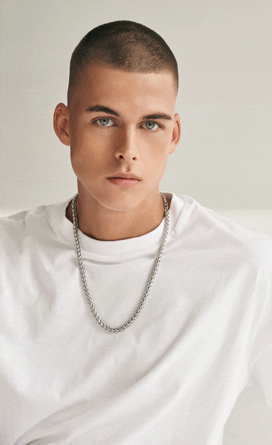 simon-rambo-cover-buzzcut-short-hair-male-model-blue-suit-white-tank-top-green-eyes
